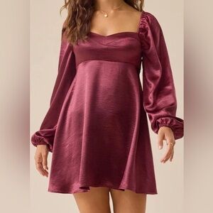 Altar’d State Burgundy Satin Mini Dress Balloon Sleeves Size M